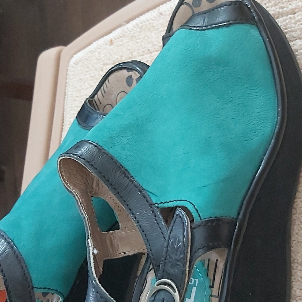 Fly London teal leather slingbacks.